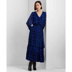 NWT Elvi Blue Black V-Neck Belted Long Sleeve Maxi Dress Size 8